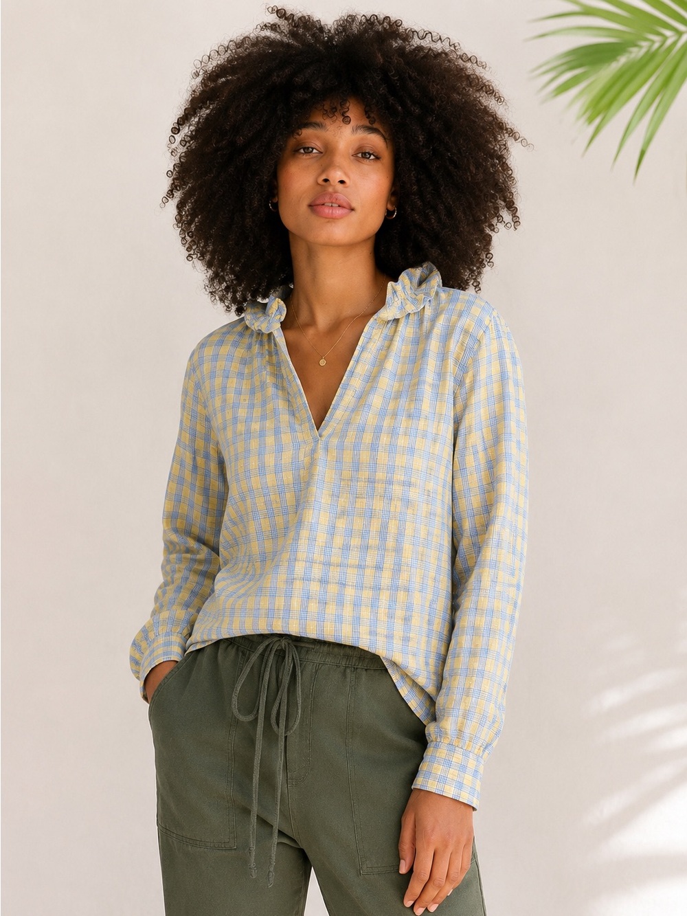 A Shirt Thing Penelope Gingham Ruffle Collar Popover Blouse Blue Yellow Sz M